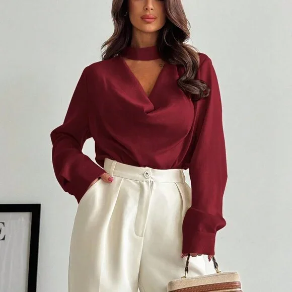 Burgundy Minimalist Women's 0vowl neck Long Sleeve Shirt - Picture 5 of 7